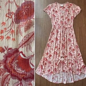 Knox Rose Floral Dress Large Flowy Midi Pink Red High Low Boho Gauzy Button